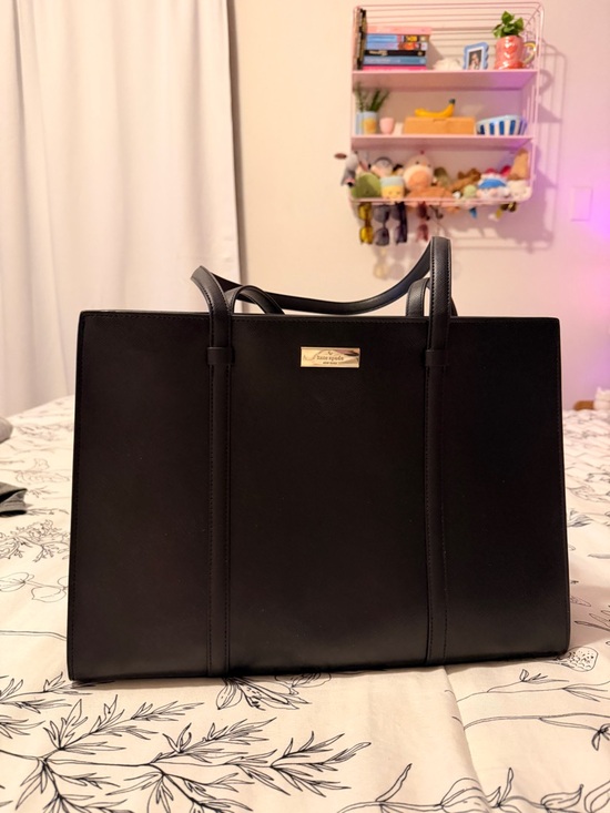 kate spade Handbags - kate spade black leather structured tote with gold logo